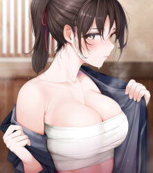 Rule 34 | 1girl, blush, breasts, brown hair, chest sarashi, cleavage, collarbone, fed (giba), highres, indoors, large breasts, looking at viewer, original, ponytail, sarashi, sideways glance, solo, sweat, undressing, upper body
