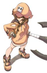 Rule 34 | 1girl, anchor, anchor symbol, bare arms, black gloves, brown eyes, brown hair, cabbie hat, closed mouth, fingerless gloves, frown, gloves, guilty gear, guilty gear strive, hand on own hip, hat, highres, holding, holding weapon, huge weapon, jacket, long hair, may (guilty gear), orange footwear, orange jacket, simple background, skull and crossbones, solo, tamotu kun, weapon, white background