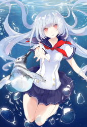 Rule 34 | 1girl, air bubble, animal, bird, blue sailor collar, bubble, long hair, looking at viewer, mikan no shiru, neckerchief, open mouth, original, outstretched arm, penguin, pleated skirt, red eyes, sailor collar, school uniform, serafuku, skirt, solo, swimming, underwater, white hair