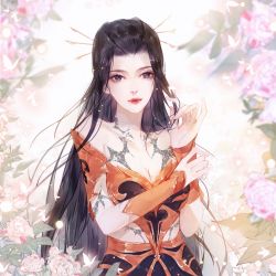 Rule 34 | 1girl, arm guards, armor, armored dress, artist request, bare shoulders, black armor, black hair, bug, butterfly, closed mouth, flower, glowing butterfly, hair ornament, hairpin, highres, insect, long hair, looking at viewer, qinshi mingyue, second-party source, solo, tattoo, upper body, yanling ji (qin shi ming yue)