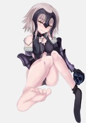 Rule 34 | 1girl, bare shoulders, barefoot, black bra, black panties, blonde hair, blush, bra, breasts, chain, cleavage, detached sleeves, fate/grand order, fate/stay night, fate (series), feet, foot focus, foreshortening, headgear, jeanne d&#039;arc (fate), jeanne d&#039;arc alter (avenger) (fate), jeanne d&#039;arc alter (fate), kesoshirou, naughty face, panties, pantyshot, ruler (fate/grand order), sitting, smirk, soles, solo, toes, underwear, white background, yellow eyes