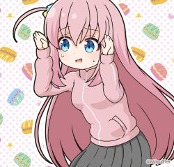 Rule 34 | 1girl, alternate breast size, arms up, blush, bocchi the rock!, breasts, commentary, cube hair ornament, gotoh hitori, grey skirt, hair between eyes, hair ornament, jacket, long hair, long sleeves, looking away, meme, mitya, one side up, open mouth, outline, pink hair, pink jacket, pleated skirt, polka dot, polka dot background, puffy long sleeves, puffy sleeves, skirt, sleeves past wrists, small breasts, solo, sweat, symbol-only commentary, twitter rabbit ears (meme), twitter username, very long hair, white background, white outline