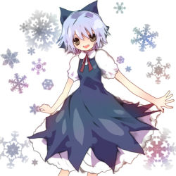 Rule 34 | 1girl, :d, blue dress, blue eyes, blue hair, cirno, contrapposto, dress, embodiment of scarlet devil, female focus, looking at viewer, matching hair/eyes, open mouth, puffy short sleeves, puffy sleeves, short hair, short sleeves, simple background, smile, snowflakes, solo, standing, touhou, white background, yuhiko