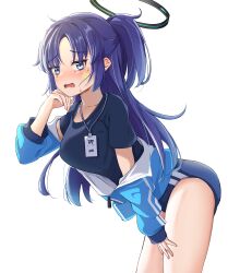 Rule 34 | 1girl, absurdres, arm support, ass, bare legs, bent over, blue archive, blue eyes, blush, buruma, collarbone, commentary request, facial tattoo, forehead, gym shirt, gym uniform, halo, high ponytail, highres, hot, id card, jacket, lanyard, long hair, long sleeves, looking at viewer, official alternate costume, parted bangs, purple hair, riu kawano, shirt, short sleeves, sidelocks, simple background, solo, star tattoo, sweat, tattoo, thick thighs, thighs, track jacket, white background, yuuka (blue archive), yuuka (track) (blue archive)