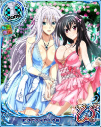 Rule 34 | 10s, 2girls, antenna hair, black hair, blue eyes, breast press, breasts, card (medium), character name, chess piece, cleavage, covered erect nipples, hair between eyes, hair ribbon, happy, high school dxd, high school dxd new, jewelry, large breasts, long hair, multiple girls, necklace, official art, open mouth, petals, pink eyes, raynare, ribbon, rook (chess), rossweisse, silver hair, smile, symmetrical docking, torn clothes, trading card, very long hair