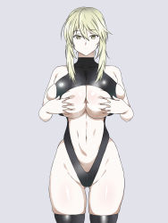 Rule 34 | 1girl, artoria pendragon (fate), artoria pendragon (lancer alter) (fate), bare shoulders, black thighhighs, blonde hair, breasts, brown eyes, cleavage, fate/grand order, fate (series), gluteal fold, groin, highres, kagemusha, large breasts, leotard, long hair, looking at viewer, navel, pale skin, skindentation, solo, thighhighs