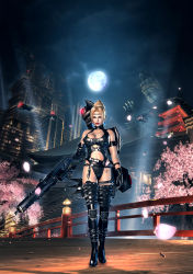 Rule 34 | 1girl, 3d, armband, armor, blonde hair, blue eyes, breasts, bridge, buckle straps, cherry blossoms, circlet, city, cleavage cutout, clothing cutout, garter belt, gloves, gun, high heels, highres, large breasts, latex, leather, leather armor, leotard, machine gun, moon, ninja gaiden, ninja gaiden sigma 2, official art, one-piece swimsuit, rachel (ninja gaiden), shoes, shoulder pads, solo, spiked spaulders, statue, strap, studded leather, swimsuit, thighhighs, war hammer, warhammer, weapon
