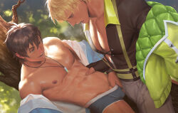 Rule 34 | 2boys, abs, bara, bare pectorals, black male underwear, black shirt, blue jacket, day, eiden (nu carnival), green jacket, grey pants, jacket, jewelry, large pectorals, looking at another, male focus, male underwear, multiple boys, muscular, muscular male, navel, necklace, nipples, nu carnival, open clothes, open jacket, open mouth, open shirt, outdoors, paid reward available, pants, pectorals, penguin frontier, quincy (nu carnival), shirt, smile, underwear, white shirt, yaoi