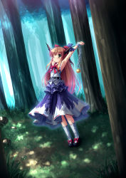 Rule 34 | 1girl, arm hug, armpits, arms up, belt, bow, chain, female focus, forest, hair bow, horns, ibuki suika, light rays, long hair, nature, one eye closed, orange hair, ribbon, solo, standing, stretching, sunbeam, sunlight, takeponi, touhou, wrist cuffs, yellow eyes
