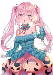 Rule 34 | 1girl, adapted costume, alternate hairstyle, bare shoulders, blue shirt, blush, collar, commentary request, cowboy shot, finger to cheek, frilled collar, frills, hair between eyes, hair ribbon, hand up, hata no kokoro, highres, long hair, long sleeves, looking at viewer, neck ribbon, off-shoulder shirt, off shoulder, open mouth, pink hair, pink ribbon, pink skirt, plaid, plaid shirt, purple eyes, ribbon, satoupote, shirt, simple background, skirt, solo, touhou, white background