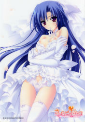 Rule 34 | 1girl, absurdres, bare shoulders, breasts, clothes pull, dress, dress pull, elbow gloves, gloves, highres, hiyama riko, image sample, medium breasts, mouth hold, nipples, panties, ribbon, ribbon in mouth, sakura bitmap, solo, suzuhira hiro, thighhighs, underwear, wedding dress, white thighhighs
