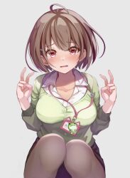 Rule 34 | 1girl, ahoge, black pantyhose, black skirt, blush, breasts, brown hair, cardigan, collarbone, collared shirt, commentary, double v, facing viewer, feet out of frame, frog, furrowed brow, green cardigan, grey background, hair ornament, hairclip, harusaki nodoka, highres, hololive, id card, lanyard, medium breasts, miniskirt, pantyhose, parted lips, purple eyes, shirt, shirt tucked in, short hair, simple background, skirt, solo, squatting, tearing up, tears, tmo-cat, v, virtual youtuber, white shirt, wing collar