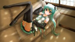 Rule 34 | 1girl, aqua hair, bad id, bad pixiv id, couch, hatsune miku, lying, panties, prime, shadow, solo, striped clothes, striped panties, thighhighs, twintails, underwear, vocaloid, window