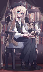 Rule 34 | 1girl, absurdres, beret, black bow, black footwear, black hat, black skirt, black vest, blonde hair, blue eyes, blush, book, bookmark, bookshelf, bow, brown cardigan, buttoned cuffs, buttons, candle, candlestand, cardigan, cardigan on shoulders, chair, collared shirt, cup, fire, full body, glasses, grey socks, hair between eyes, hair bow, hat, highres, holding, holding quill, imazawa, indoors, long hair, long skirt, long sleeves, looking at viewer, one side up, original, parted lips, pleated skirt, quill, shirt, shoes, sitting, skirt, socks, solo, steam, surgeon cuffs, vest, white shirt