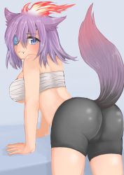 Rule 34 | 1girl, :t, animal ears, ass, bare shoulders, bent over, bike shorts, blue eyes, blush, breasts, eyepatch, female focus, from behind, goyan, gradient hair, highres, large breasts, leaning, leaning forward, looking at viewer, multicolored hair, original, purple hair, red hair, sarashi, shiny clothes, shiny skin, short hair, simple background, solo, tail