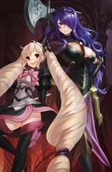 Rule 34 | 2girls, axe, black legwear, blonde hair, boots, bow, breasts, camilla (fire emblem), cleavage, collaboration, curly hair, drill hair, elise (fire emblem), fire emblem, fire emblem fates, hair over one eye, high heel boots, high heels, highres, ishutani, large breasts, lips, long hair, looking at viewer, multiple girls, naso4, nintendo, open mouth, parted lips, pink eyes, purple eyes, purple hair, siblings, smile, teeth, thigh boots, thighhighs, tiara, twin drills, twintails, very long hair, wavy hair, weapon, zettai ryouiki