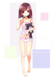 Rule 34 | 1girl, 54hao, absurdres, bare arms, bare legs, bare shoulders, barefoot, blush, bow, bow panties, brown eyes, brown hair, camisole, collarbone, food, full body, gluteal fold, hair ornament, hairclip, hand up, head tilt, heart, heart hair ornament, highres, holding, holding food, long hair, hugging object, original, panties, pink panties, polka dot, polka dot camisole, popsicle, solo, standing, strap slip, stuffed animal, stuffed cat, stuffed toy, underwear, underwear only, white camisole