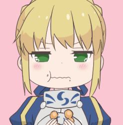 Rule 34 | 1girl, animated, animated gif, armor, armored dress, artoria pendragon (all), artoria pendragon (fate), blonde hair, blue dress, blue ribbon, blush, braid, chibi, closed mouth, dot nose, dress, eating, fate/stay night, fate (series), food, food on face, green eyes, hair bun, hair ribbon, holding, holding food, juliet sleeves, long sleeves, looking at viewer, looping animation, lowres, pink background, puffy sleeves, ribbon, saber (fate), shokushi yuu, short hair, sidelocks, simple background, single hair bun, solo, ugoira