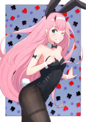 Rule 34 | 10s, 1girl, ;d, alternate costume, animal ears, arm strap, black bow, black bowtie, black leotard, black pantyhose, black ribbon, blunt bangs, bow, bowtie, breasts, cleavage, collarbone, darling in the franxx, detached collar, fake animal ears, fake tail, green eyes, grin, hairband, highres, horns, horns through headwear, leaning forward, leotard, long hair, looking at viewer, medium breasts, one eye closed, open mouth, outside border, pantyhose, pink hair, playboy bunny, rabbit ears, rabbit tail, revision, ribbon, side-tie leotard, smile, solo, straight hair, strapless, strapless leotard, tail, teeth, thighband pantyhose, uneg, very long hair, white hairband, wrist cuffs, zero two (darling in the franxx)