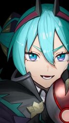 Rule 34 | 1girl, absurdres, aqua eyes, aqua hair, blue eyes, clawed gauntlets, collared shirt, creatures (company), dark background, dragon miku (project voltage), fake horns, game freak, hair between eyes, hatsune miku, highres, holding, horns, looking ahead, lower teeth only, nintendo, open mouth, poke ball, pokemon, portrait, project voltage, shirt, solo, teeth, thick eyelashes, twintails, unimaru illust, vocaloid