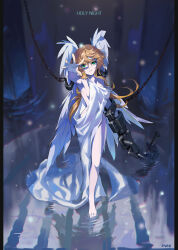 Rule 34 | 1girl, angel, angel wings, barefoot, blonde hair, bound, bound wings, breasts, chain, cuffs, english text, feathered wings, full body, green eyes, highres, long hair, looking at viewer, medium breasts, original, parted lips, reaching towards another, robe, shackles, sideboob, solo, standing, ushas, wading, wings