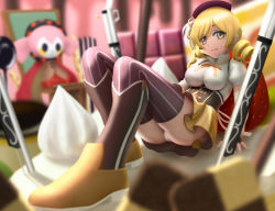 Rule 34 | 10s, 1girl, arm support, blonde hair, blurry, breasts, charlotte (madoka magica), depth of field, drill hair, foreshortening, gloves, gun, hair ornament, icing, long hair, magical girl, magical musket, mahou shoujo madoka magica, mahou shoujo madoka magica (anime), musket, panties, pantyshot, short hair, siraha, sitting, skirt, thighhighs, tomoe mami, twin drills, twintails, underwear, upskirt, weapon, witch&#039;s labyrinth, yellow eyes