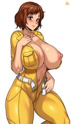 Rule 34 | 1girl, absurdres, april o&#039;neil, areola slip, artist name, belt, blush, breasts, brown hair, cleavage, cleft of venus, closed mouth, collarbone, collared jumpsuit, cowboy shot, curvy, feet out of frame, female focus, grey background, groin, highres, huge breasts, jmg, jumpsuit, lips, looking at viewer, navel, nipple slip, nipples, no bra, one breast out, open clothes, open jumpsuit, shiny skin, short hair, smile, solo, standing, teenage mutant ninja turtles, thick thighs, thighs, transparent background, unbuckled, veins, veiny breasts, white belt, wide hips, yellow jumpsuit