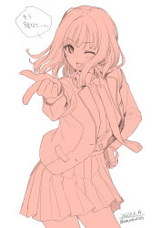 Rule 34 | 1girl, absurdres, artist name, blazer, blush, collared shirt, dated, dress shirt, hand on own hip, highres, jacket, long hair, long sleeves, looking at viewer, necktie, one eye closed, open mouth, original, outstretched arm, pleated skirt, school uniform, shirt, signature, simple background, sketch, skirt, smile, solo, speech bubble, standing, translation request, unasaka ryou, white background
