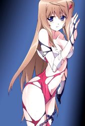 Rule 34 | 00s, 1girl, bare shoulders, blue eyes, bodysuit, breasts, brown hair, chain, cleavage, hair ornament, hiiragi akao, jinki, large breasts, long hair, navel, pilot suit, solo, torn clothes, tsunashima shirou, very long hair, wet