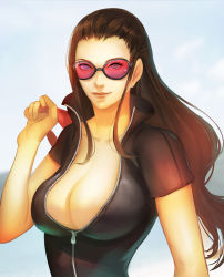 Rule 34 | 1girl, black hair, black shirt, blue sky, breasts, center opening, cleavage, cloud, collarbone, eyelashes, glasses, hair slicked back, hand up, holding, large breasts, light smile, long hair, looking at viewer, nag, narongchai singhapand, nico robin, no bra, one piece, open clothes, open shirt, outdoors, pink-tinted glasses, revealing clothes, shirt, short sleeves, sky, smile, solo, sunglasses, unzipped, upper body, wind, zipper