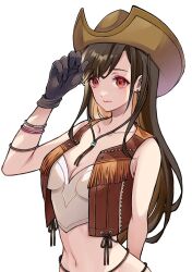 Rule 34 | 1girl, adjusting clothes, adjusting headwear, arm behind back, bare shoulders, black gloves, bracelet, breasts, brown hair, brown hat, brown vest, cleavage, collarbone, cowboy hat, cowgirl (western), crisis core final fantasy vii, crop top, cropped vest, dangle earrings, earrings, final fantasy, final fantasy vii, fringe trim, gloves, hat, highres, jewelry, leather vest, long hair, looking at viewer, medium breasts, midriff, navel, quichi 91, red eyes, shirt, sleeveless, sleeveless shirt, solo, swept bangs, tifa lockhart, tifa lockhart (cowgirl), upper body, vest