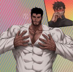 Rule 34 | 2boys, ?, aroused nosebleed, bara, beard stubble, blush, brown hair, chest hair, couple, covered abs, dobek k, facial hair, food between pectorals, hairy, hand hair, highres, knuckle hair, large pectorals, long sleeves, looking at another, looking at viewer, male focus, multiple boys, muscular, muscular male, mustache stubble, original, pectoral cleavage, pectoral squeeze, pectorals, pocky day, short hair, smile, solo focus, spoken question mark, strongman waist, stubble, tsurime, upper body, yaoi
