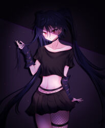 Rule 34 | 1girl, absurdres, black background, black shirt, black skirt, blue hair, breasts, brown hair, fishnet pantyhose, fishnets, goth fashion, highres, idol corp, long hair, looking at viewer, midriff, navel, open mouth, pantyhose, red eyes, shaded face, shirt, single leg pantyhose, skirt, small breasts, thigh strap, thinkuwu, twintails, virtual youtuber, yuko yurei