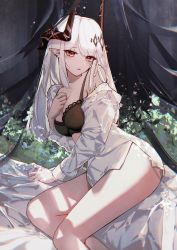 Rule 34 | 1girl, absurdres, arknights, black bra, bra, breasts, demon horns, ear piercing, feet out of frame, grey hair, hair ornament, hand on own chest, highres, horns, leria v, light blush, long hair, looking at viewer, medium breasts, mudrock (arknights), off shoulder, open clothes, open shirt, parted lips, piercing, pointy ears, red eyes, shirt, sitting, solo, thighs, underwear, white shirt