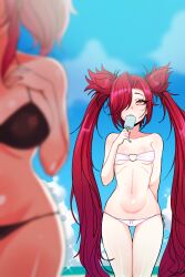 Rule 34 | 2girls, alternate costume, arm behind back, bare shoulders, bikini, blurry, blurry foreground, breasts, cloud, collarbone, cowboy shot, day, eating, hair over one eye, hand up, heart o-ring, highres, jinx (league of legends), kimtoxic, large breasts, league of legends, long hair, lux (league of legends), multiple girls, outdoors, red hair, small breasts, star guardian (league of legends), star guardian jinx, swimsuit, white bikini