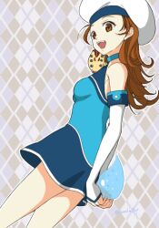 Rule 34 | 1girl, :d, argyle, argyle background, argyle clothes, bonaparte (suikoden), breasts, brown eyes, brown hair, creature, curly hair, detached sleeves, gensou suikoden, hat, highres, long hair, looking at viewer, magic, medium breasts, millie (suikoden), morinaga miru, open mouth, skirt, smile