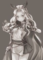 Rule 34 | 1girl, animal ears, belt, breasts, cat ears, cloak, dress, erune, food, granblue fantasy, greyscale, highres, hood, hooded cloak, long hair, looking at viewer, medallion, miniskirt, monochrome, nosuku, parted bangs, pelvic curtain, scathacha (granblue fantasy), short dress, sideless outfit, skirt, small breasts, smile, solo, thighs