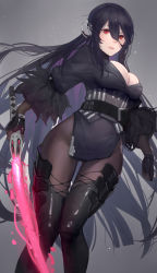 Rule 34 | 1girl, absurdres, black dress, black gloves, black hair, black thighhighs, bodystocking, breasts, cleavage, closed mouth, commentary request, dress, energy sword, fingerless gloves, fukaiji, gloves, groin, hair between eyes, highres, holding, holding sword, holding weapon, iron saga, large breasts, long hair, looking at viewer, mole, mole on breast, oboro (iron saga), red eyes, short dress, solo, sword, thighhighs, v-shaped eyebrows, very long hair, weapon