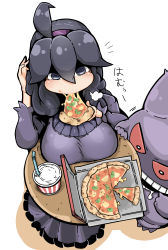 Rule 34 | 1girl, @ @, ahoge, alternate breast size, black hair, breasts, creatures (company), dress, eating, food, from above, game freak, gen 1 pokemon, gengar, headband, hex maniac (pokemon), highres, large breasts, long dress, long hair, long sleeves, nintendo, pizza, pizza box, pokemon, pokemon (creature), pokemon xy, purple dress, purple eyes, simple background, tazonotanbo, white background