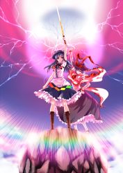 Rule 34 | 2girls, absurdres, arm up, blue hair, boots, capelet, electricity, emphasis lines, epic, female focus, food, frills, fruit, hand on own hip, hat, highres, hinanawi tenshi, huangquan dong (sinchi), keystone, light smile, long hair, multiple girls, nagae iku, peach, purple hair, red eyes, saturday night fever, shawl, short hair, smile, standing, sword, sword of hisou, touhou, weapon, yomihora
