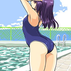 Rule 34 | 00s, 1girl, armpits, arms up, ass, bad id, bad pixiv id, chain-link fence, day, dd (ijigendd), fence, long hair, one-piece swimsuit, original, outdoors, pool, pool ladder, poolside, purple hair, saki (manga), school swimsuit, solo, swimsuit