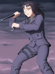Rule 34 | 1girl, black hair, breasts, dual wielding, eyepatch, frown, holding, holster, jinrai (owl12), jormungand (manga), knife, large breasts, reverse grip, sofia valmer, solo, thigh holster, weapon, yellow eyes