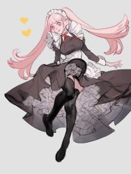 Rule 34 | 1girl, :q, alternate costume, black thighhighs, blunt bangs, breasts, closed mouth, enmaided, female focus, fire emblem, fire emblem: three houses, full body, grey background, heart, hilda valentine goneril, large breasts, long hair, long sleeves, maid, maid headdress, matching hair/eyes, nintendo, p-nekor, pink eyes, pink hair, simple background, solo, thighhighs, tongue, tongue out, twintails