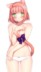 Rule 34 | 10s, 1girl, animal ears, bad id, bad pixiv id, blue eyes, blush, breasts, cat ears, cat tail, covering privates, covering breasts, momo uzura, nanami haruka, panties, parted lips, pink hair, ribbon, short hair, simple background, solo, tail, tail ornament, tail ribbon, tears, underwear, uta no prince-sama, white background, white panties