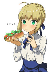 Rule 34 | 1girl, ahoge, artoria pendragon (fate), blonde hair, blue ribbon, blue skirt, blush, braid, closed mouth, commentary request, doushimasho, eating, fate/stay night, fate (series), food, food on face, french braid, green eyes, hair ribbon, high-waist skirt, highres, holding, holding food, hot dog, looking at viewer, ribbon, saber (fate), shirt, sidelocks, simple background, skirt, solo, translated, white background, white shirt