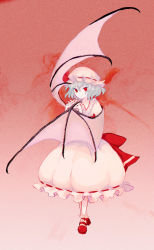 Rule 34 | 1girl, bat wings, frills, full body, hat, hat ribbon, highres, interlocked fingers, jean (jean sp), light purple hair, light smile, mary janes, mob cap, nail polish, red eyes, remilia scarlet, ribbon, shoes, short hair, slit pupils, solo, standing, touhou, wings