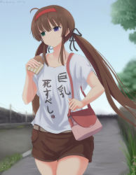 Rule 34 | 10s, 1girl, absurdres, ahoge, bad id, bad pixiv id, bag, black ribbon, blue eyes, blunt bangs, blurry, bread, brown hair, closed mouth, clothes writing, collarbone, cowboy shot, day, depth of field, food, furiruno, green eyes, hair ribbon, hairband, heterochromia, highres, in dex0224, long hair, looking away, low twintails, outdoors, ribbon, ryoubi (senran kagura), senran kagura, senran kagura shinovi versus, shirt, short shorts, short sleeves, shorts, shoulder bag, sidelocks, smile, solo, t-shirt, translated, twintails, very long hair, white shirt