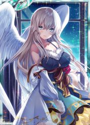 Rule 34 | 1girl, angel, angel wings, blonde hair, blue dress, blue eyes, breasts, collaboration, dress, flower, looking at viewer, medium breasts, night, night sky, official art, open mouth, red flower, red ribbon, red rose, ribbed dress, ribbon, rose, shinkai no valkyrie, shinki kakusei melty maiden, shirosuzu, sky, smile, star (sky), starry sky, striped ribbon, window, wings