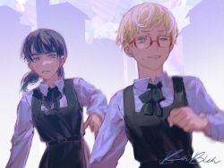 Rule 34 | 2girls, artist name, black dress, black hair, blonde hair, building, chainsaw man, clenched hand, clenched teeth, collared shirt, commentary, dress, glasses, highres, keibleh, long sleeves, looking ahead, looking at another, low twintails, mitaka asa, motion blur, multiple girls, neck ribbon, one eye closed, outdoors, pinafore dress, purple eyes, red-framed eyewear, ribbon, running, school uniform, shirt, short hair, short twintails, signature, silhouette, sleeveless dress, sweat, symbol-only commentary, teeth, twintails, upper body, white shirt, yellow eyes, yuko (chainsaw man)