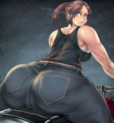 Rule 34 | 1girl, absurdres, ass, belt, blue eyes, blush, breasts, brown hair, claire redfield, denim, from behind, highres, huge ass, jeans, jin-jin, large breasts, long hair, looking at viewer, looking back, motor vehicle, motorcycle, open mouth, pants, ponytail, resident evil, resident evil 2, shiny clothes, sideboob, solo, tank top
